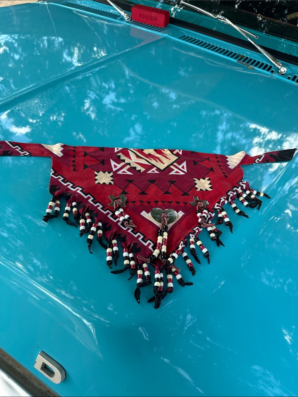 Boho Red Aztec Beaded Triangle Bandana Scarf